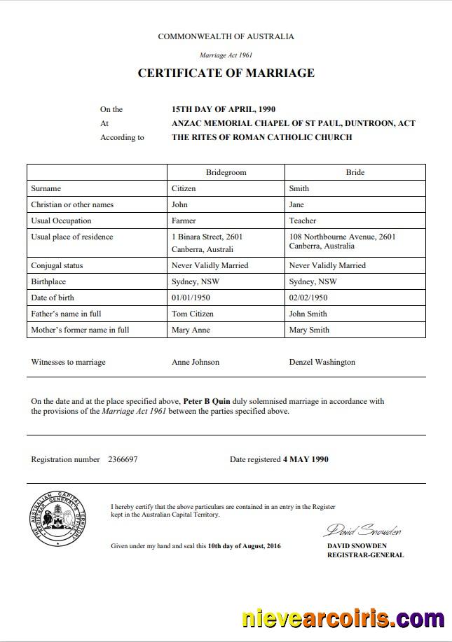 Australia Australian Capital Territory marriage certificate